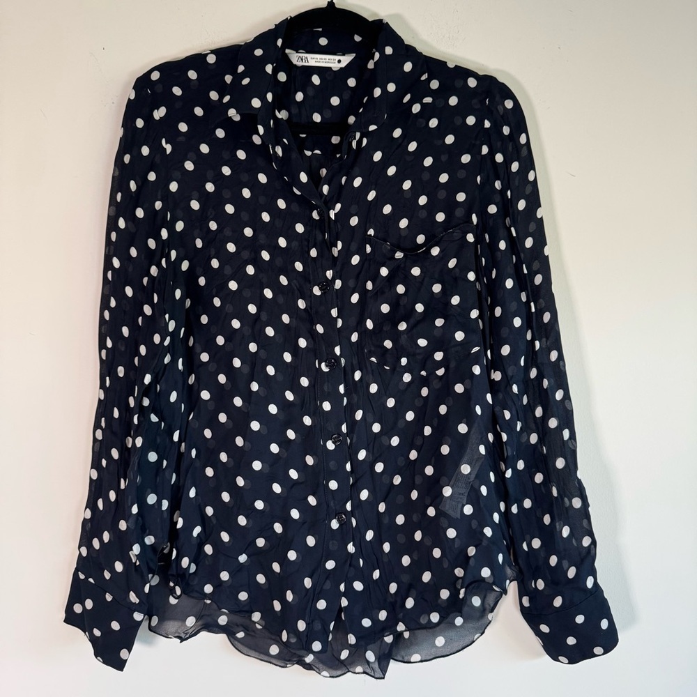 Zara polka dot long sleeve button down blouse size XS